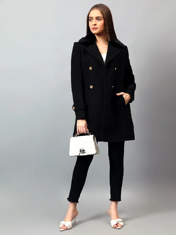 Women's Black Solid Full Sleeves Winter Long Coat