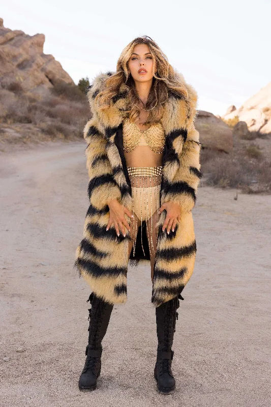 Water - resistant women's trench coats with adjustable cuffs for rainy daysWomen's Desert Warrior Coat in "Abstract Tiger" Water - resistant women's trench coats with adjustable cuffs for rainy daysWomen's Desert Warrior Coat in "Abstract Tiger"