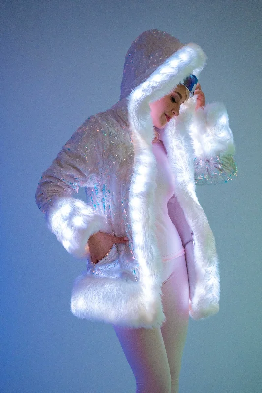 Women's long - sleeve wool coats in a houndstooth pattern for a classic charmWomen's LED Petite Playa Coat in "White Velvet Unicorn Sequin " Women's long - sleeve wool coats in a houndstooth pattern for a classic charmWomen's LED Petite Playa Coat in "White Velvet Unicorn Sequin "