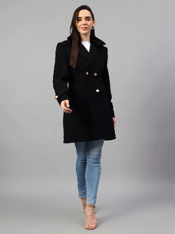 Women's long - sleeve wool coats in a houndstooth pattern for a classic charmWomen's Navy Blue Solid Full Sleeves Winter Long Coat Women's long - sleeve wool coats in a houndstooth pattern for a classic charmWomen's Navy Blue Solid Full Sleeves Winter Long Coat