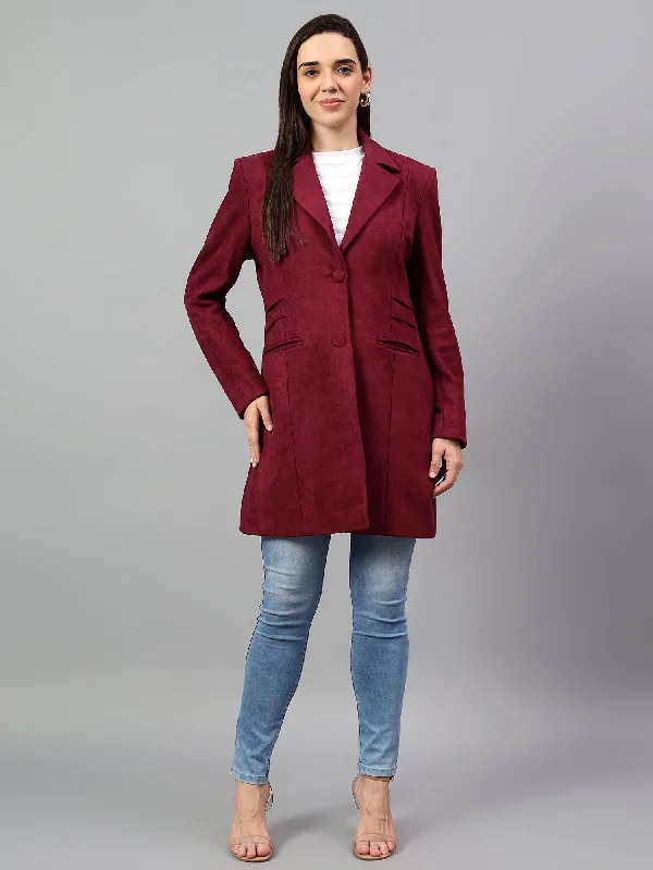 Women's cropped leather coats with silver studs for an edgy lookWomen's Wine Solid Full Sleeves Winter Long Coat Women's cropped leather coats with silver studs for an edgy lookWomen's Wine Solid Full Sleeves Winter Long Coat