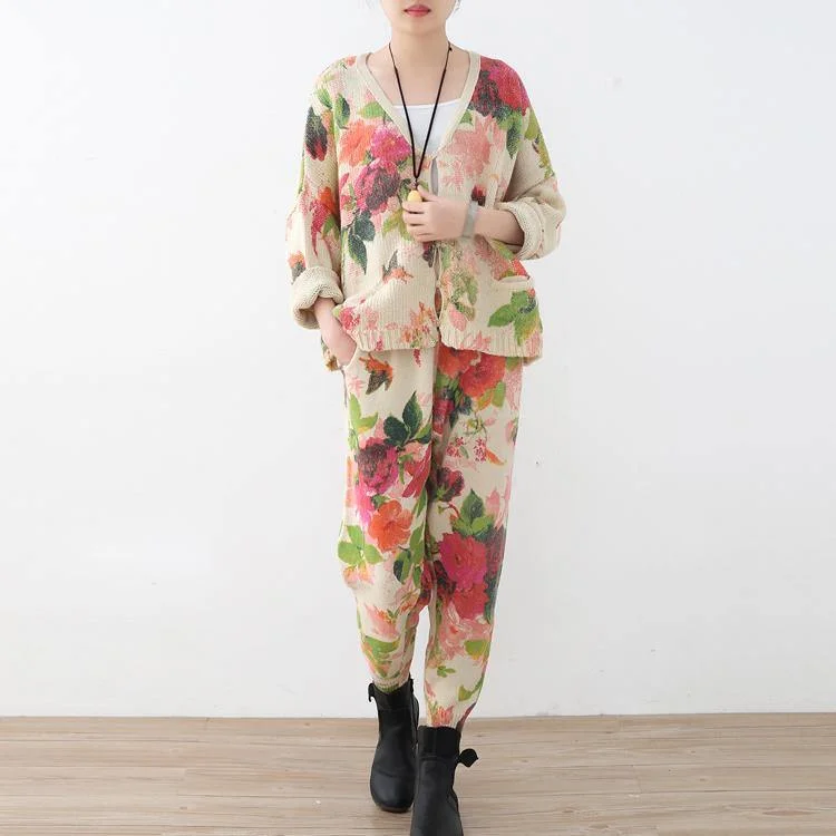 2018 spring new roses prints cute sweater and knit harem pants casual two pieces