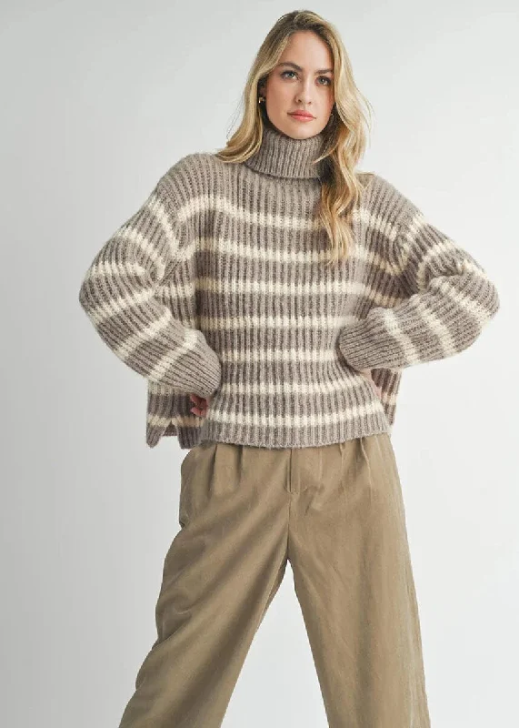 Women's Long Sleeve Turtleneck Cashmere SweatersAki Turtleneck Striped Sweater - Moss Ivory Women's Long Sleeve Turtleneck Cashmere SweatersAki Turtleneck Striped Sweater - Moss Ivory