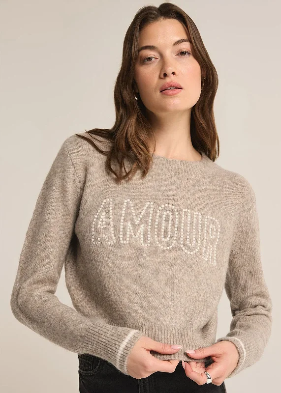 Tie - Front Women's Lambswool Sweaters in Pastel HuesAmour Milan Sweater - Heather Taupe Tie - Front Women's Lambswool Sweaters in Pastel HuesAmour Milan Sweater - Heather Taupe
