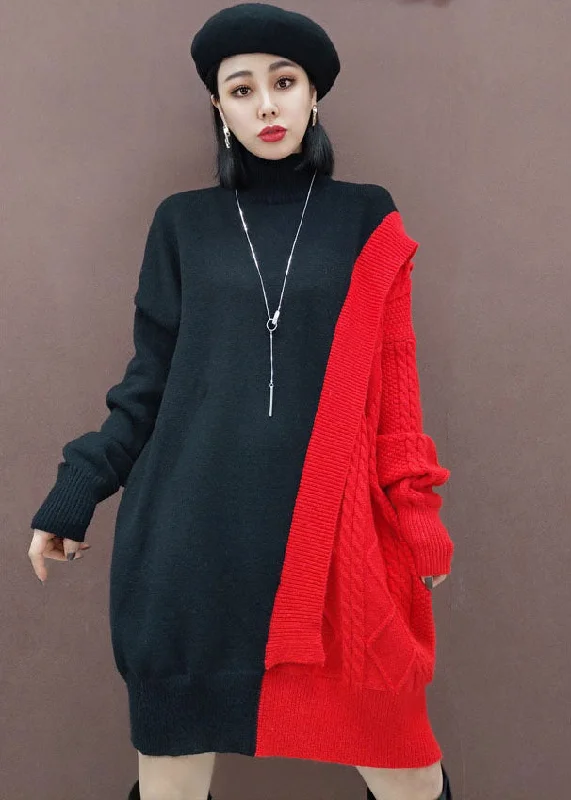 Beautiful Red Turtle Neck Patchwork Knitwear Dress Winter