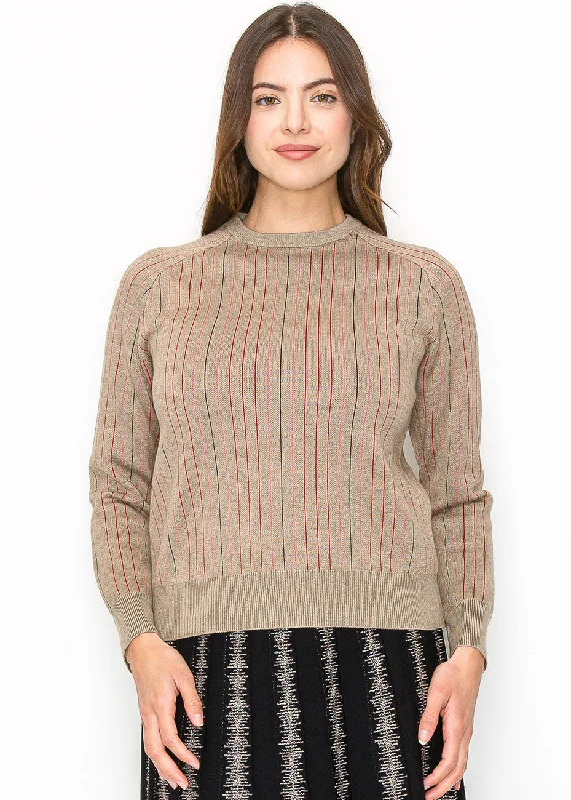 Boat Neck Women's Merino Wool Sweaters in Neutral ShadesBeige Sweater with Subtle Pink Stripes
