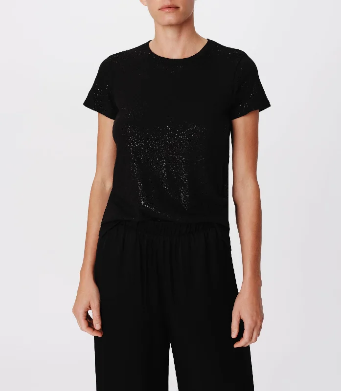 Organic Cotton Women T Shirt for Eco - Conscious WearersSlub Jersey with Foil Schoolboy Short Sleeve Crew Neck Tee - Black-Black Organic Cotton Women T Shirt for Eco - Conscious WearersSlub Jersey with Foil Schoolboy Short Sleeve Crew Neck Tee - Black-Black