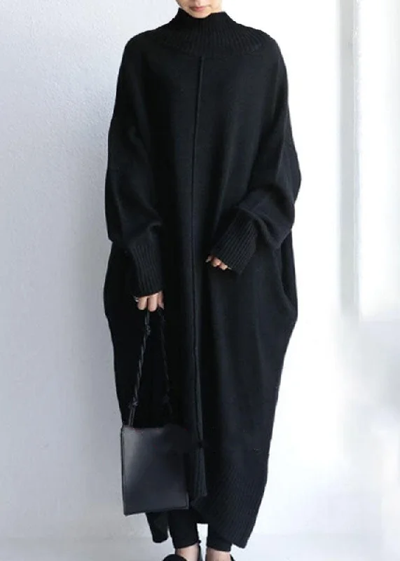 V - Neck Women's Ribbed Sweater Dresses with Belt for a Defined WaistBlack Long Knit Dress High Neck Oversized Spring