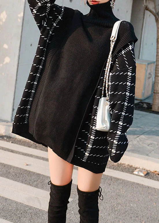 Plus Size Women's Turtleneck Sweater Dresses with Side SlitsBlack thick Patchwork Knitwear Dress Winter Plus Size Women's Turtleneck Sweater Dresses with Side SlitsBlack thick Patchwork Knitwear Dress Winter