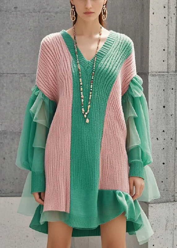 Wrap - Style Women's Lambswool Sweater Dresses in Elegant ShadesBohemian Colorblock V Neck Patchwork Tulle Knitwear Dress Fall Wrap - Style Women's Lambswool Sweater Dresses in Elegant ShadesBohemian Colorblock V Neck Patchwork Tulle Knitwear Dress Fall