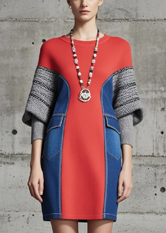 A - Line Women's Merino Wool Sweater Dresses in Classic StylesBoho Red Patchwork Denim Cotton Sweatshirts Dress Batwing Sleeve A - Line Women's Merino Wool Sweater Dresses in Classic StylesBoho Red Patchwork Denim Cotton Sweatshirts Dress Batwing Sleeve