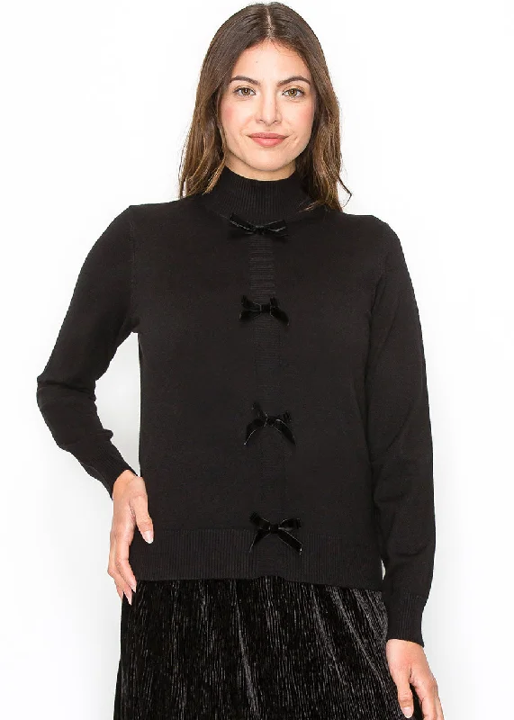 Women's Long Sleeve Turtleneck Cashmere SweatersBow-Accented Black Knit Sweater