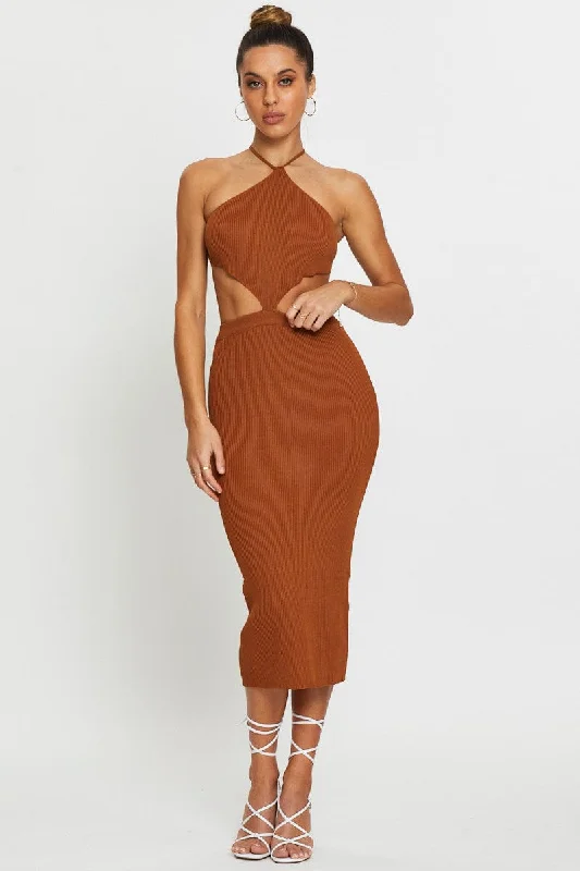 V - Neck Women's Ribbed Sweater Dresses with Belt for a Defined WaistBrown Knit Dress Halter Neck V - Neck Women's Ribbed Sweater Dresses with Belt for a Defined WaistBrown Knit Dress Halter Neck
