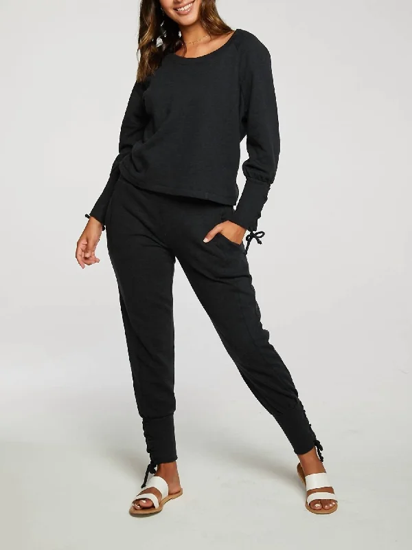 Plus Size Women's Tunic - Style Sweater Dresses with PocketsCashmere Fleece Lace Up Blouson Sleeve Raglan Pullover In True Black Plus Size Women's Tunic - Style Sweater Dresses with PocketsCashmere Fleece Lace Up Blouson Sleeve Raglan Pullover In True Black