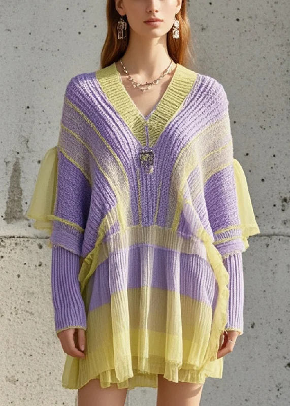 Plus Size Women's Fit - and - Flare Sweater Dresses with Ruffled HemCasual Purple Oversized Patchwork Tulle Knitted Dress Fall Plus Size Women's Fit - and - Flare Sweater Dresses with Ruffled HemCasual Purple Oversized Patchwork Tulle Knitted Dress Fall