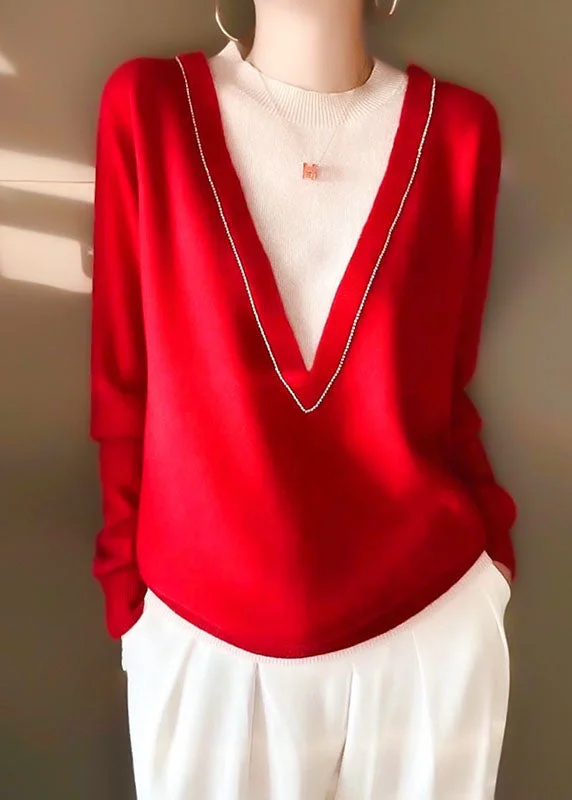 High - Low Hem Women's Cashmere - Blended SweatersCasual Red Nail Bead Patchwork Fake Two Pieces Wool Knit Sweater Long Sleeve High - Low Hem Women's Cashmere - Blended SweatersCasual Red Nail Bead Patchwork Fake Two Pieces Wool Knit Sweater Long Sleeve