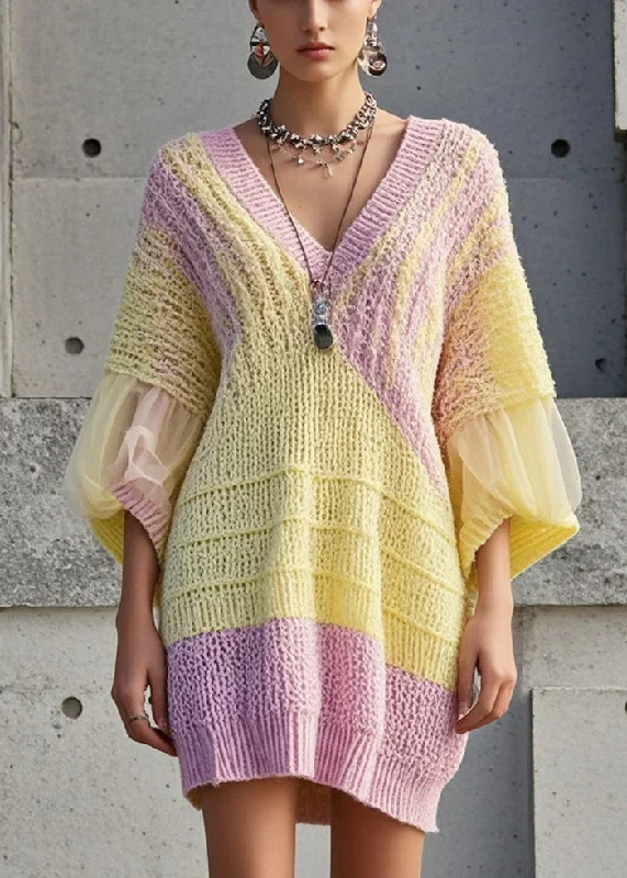 Wrap - Style Women's Lambswool Sweater Dresses in Elegant ShadesCasual Yellow Oversized Patchwork Tulle Sweater Dress Fall Wrap - Style Women's Lambswool Sweater Dresses in Elegant ShadesCasual Yellow Oversized Patchwork Tulle Sweater Dress Fall