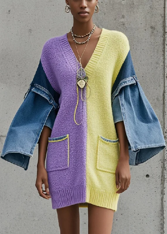 Plus Size Women's Turtleneck Sweater Dresses with Side SlitsChic Colorblock V Neck Patchwork Denim Sweater Dress Fall Plus Size Women's Turtleneck Sweater Dresses with Side SlitsChic Colorblock V Neck Patchwork Denim Sweater Dress Fall