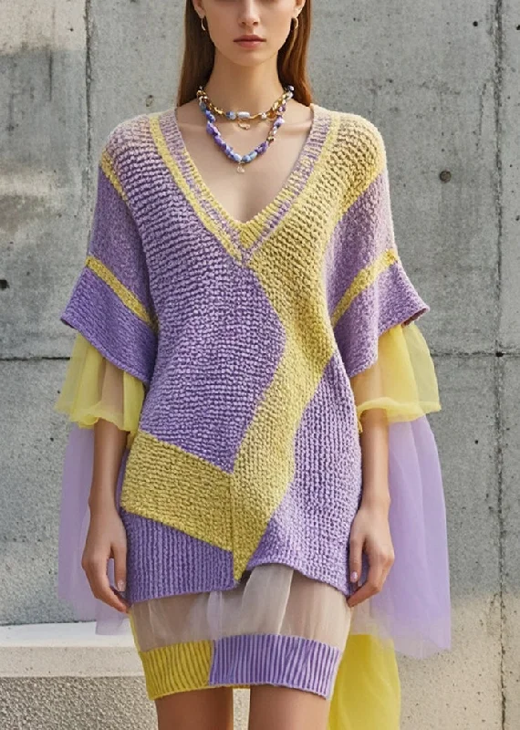 Belted Women's Cotton Blend Sweater Dresses for a Casual LookChic Purple V Neck Patchwork Tulle Sweater Dress Fall Belted Women's Cotton Blend Sweater Dresses for a Casual LookChic Purple V Neck Patchwork Tulle Sweater Dress Fall