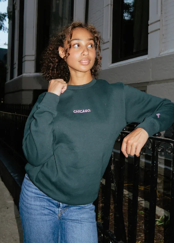 Cropped Women's Angora Blend Sweaters for a Trendy LookChicago. Embroidered Crewneck - Pine & Pink Cropped Women's Angora Blend Sweaters for a Trendy LookChicago. Embroidered Crewneck - Pine & Pink