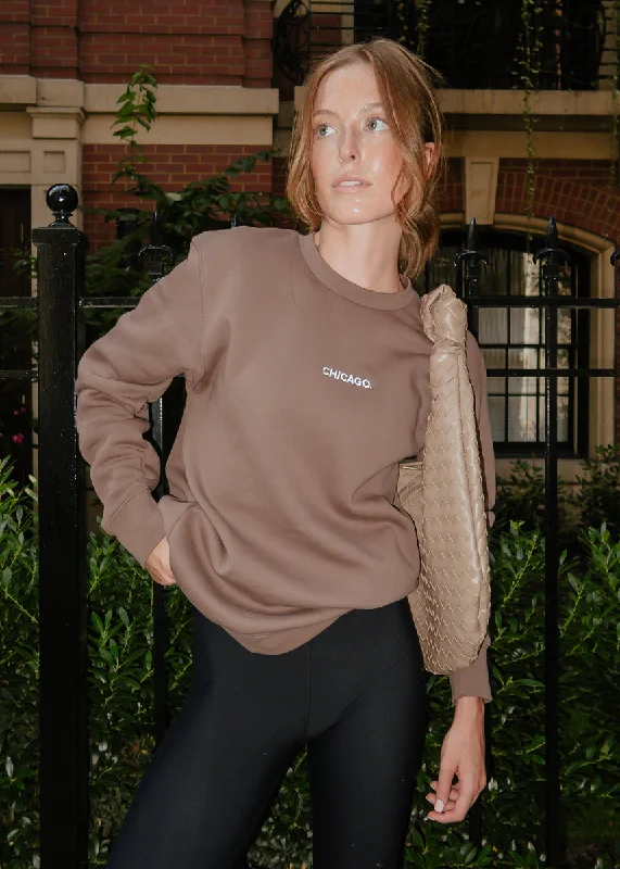 Short Sleeve Women's Cotton Blend Sweaters in Pastel ColorsChicago. Embroidered Crewneck - Walnut & White Short Sleeve Women's Cotton Blend Sweaters in Pastel ColorsChicago. Embroidered Crewneck - Walnut & White