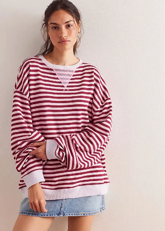 Plus Size Women's Oversized Chunky Knit SweatersClassic Striped Crew - Raspberry Combo Plus Size Women's Oversized Chunky Knit SweatersClassic Striped Crew - Raspberry Combo