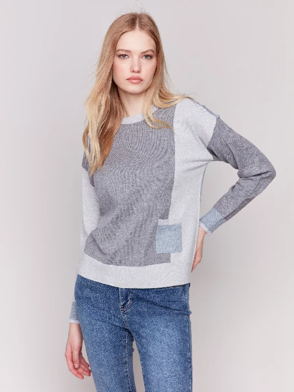Cropped Women's Angora Blend Sweaters for a Trendy LookColor Block Sweater with Pocket Detail - Grey Cropped Women's Angora Blend Sweaters for a Trendy LookColor Block Sweater with Pocket Detail - Grey