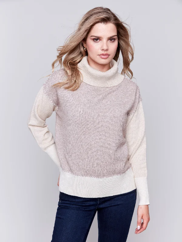 Hooded Women's Fleece - Lined Sweaters for WinterColor Block Turtleneck Sweater - Beige Hooded Women's Fleece - Lined Sweaters for WinterColor Block Turtleneck Sweater - Beige