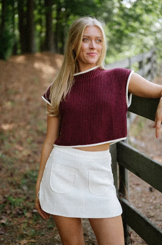 Contrast Detail Sweater-Maroon