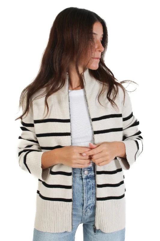 Plus Size Women's Belted Cable Knit SweatersDalilah Striped Mock Neck Zip Up