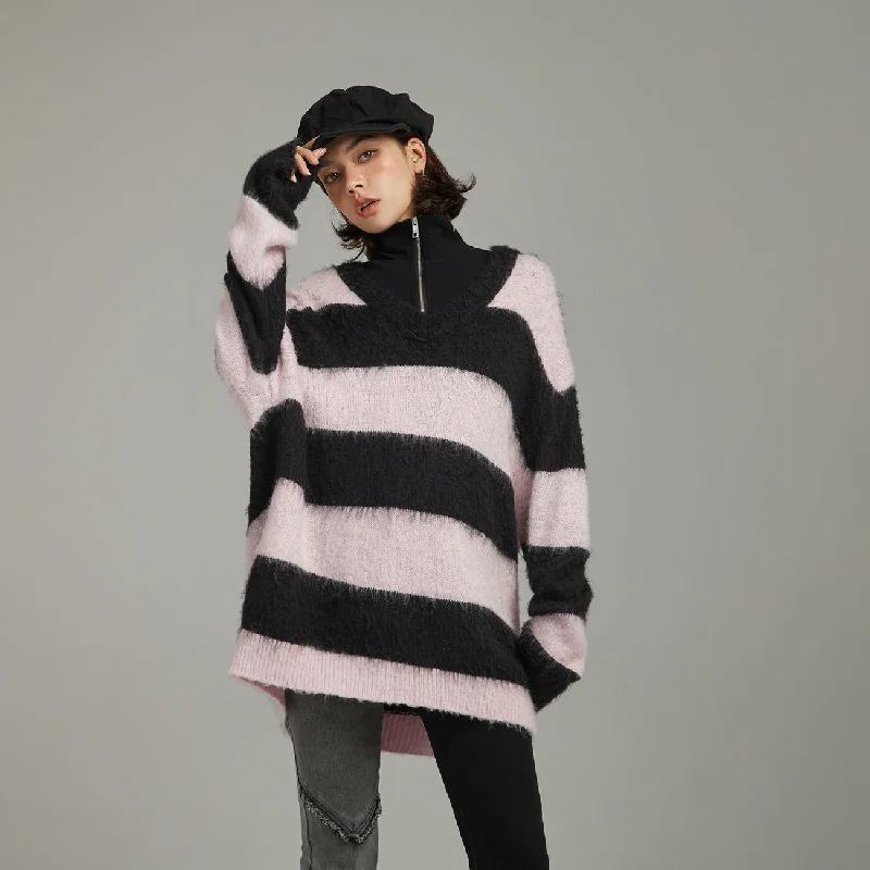 Bell - Sleeve Women's Mohair - Wool Blend SweatersV-Neck Color Stripe Knit Sweater