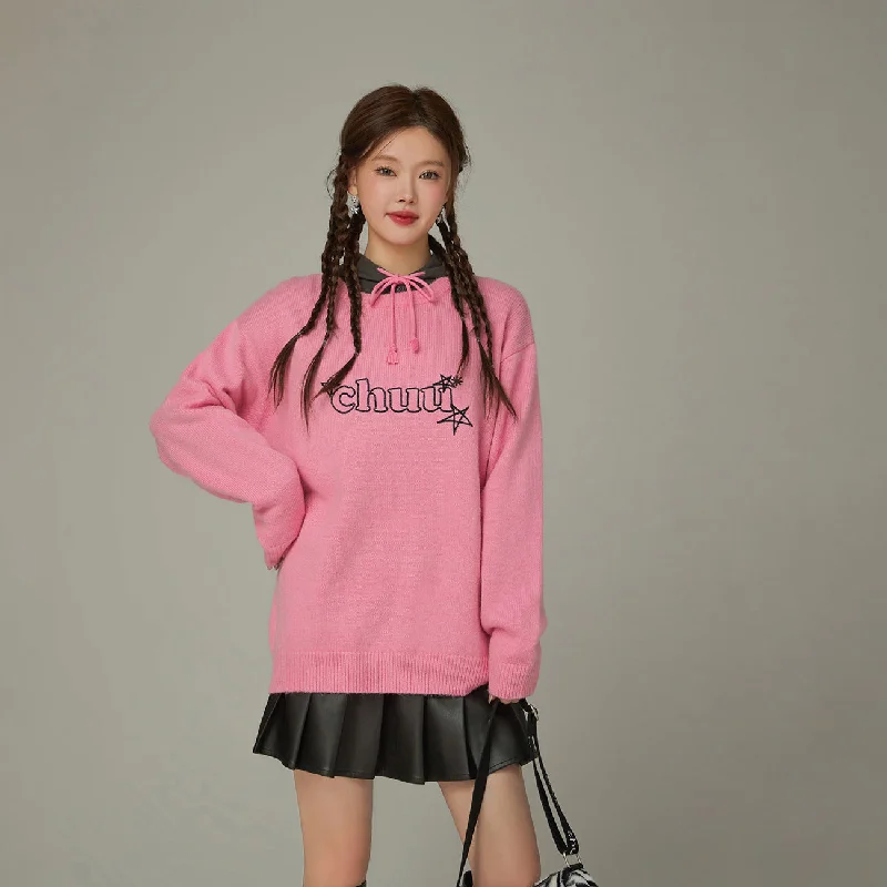 Cropped Women's Angora Blend Sweaters for a Trendy LookLogo Star Lettering Loose Fit Knit Sweater