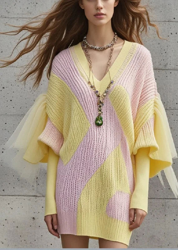 Plus Size Women's Turtleneck Sweater Dresses with Side SlitsDIY Colorblock V Neck Patchwork Tulle Sweater Dress Fall Plus Size Women's Turtleneck Sweater Dresses with Side SlitsDIY Colorblock V Neck Patchwork Tulle Sweater Dress Fall
