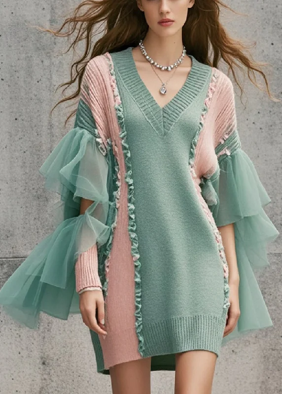 Knee - Length Women's Wool Blend Sweater Dresses in Neutral ColorsDIY Green Ruffled Patchwork Tulle Long Sweater Fall Knee - Length Women's Wool Blend Sweater Dresses in Neutral ColorsDIY Green Ruffled Patchwork Tulle Long Sweater Fall