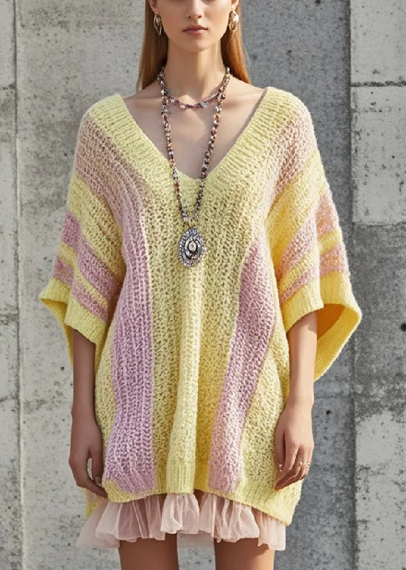Midi - Length Women's Shetland Wool Sweater Dresses in Traditional PatternsDIY Yellow Oversized Patchwork Tulle Knit Dress Batwing Sleeve Midi - Length Women's Shetland Wool Sweater Dresses in Traditional PatternsDIY Yellow Oversized Patchwork Tulle Knit Dress Batwing Sleeve