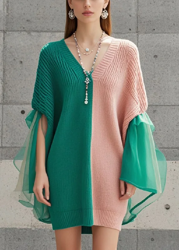 V - Neck Women's Ribbed Sweater Dresses with Belt for a Defined WaistFashion Colorblock Asymmetrical Patchwork Tulle Knit Dress Fall V - Neck Women's Ribbed Sweater Dresses with Belt for a Defined WaistFashion Colorblock Asymmetrical Patchwork Tulle Knit Dress Fall
