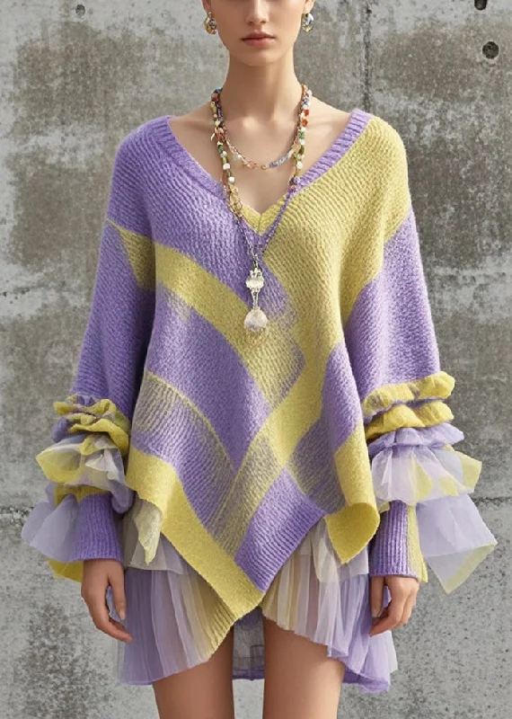 Longline Women's Mohair Sweater Dresses in a Loose FitFashion Purple Asymmetrical Patchwork Tulle Knitwear Dress Fall Longline Women's Mohair Sweater Dresses in a Loose FitFashion Purple Asymmetrical Patchwork Tulle Knitwear Dress Fall