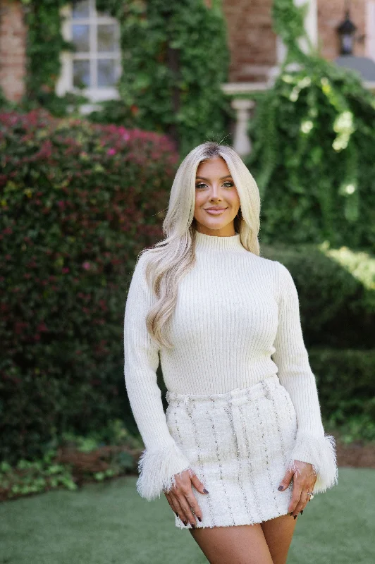 Feather Fringe Sweater-Cream