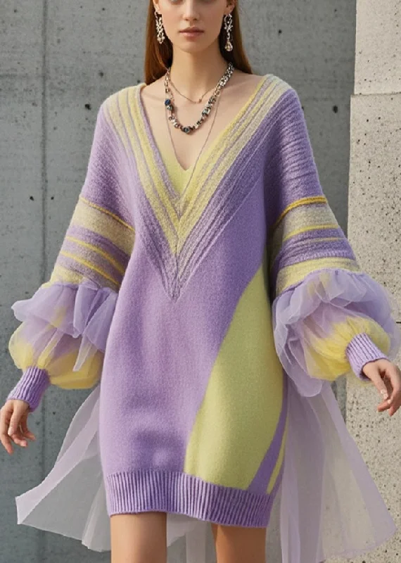 Plus Size Women's Open - Front Cardigan Style Sweater DressesFine Purple Oversized Patchwork Tulle Long Sweater Fall Plus Size Women's Open - Front Cardigan Style Sweater DressesFine Purple Oversized Patchwork Tulle Long Sweater Fall