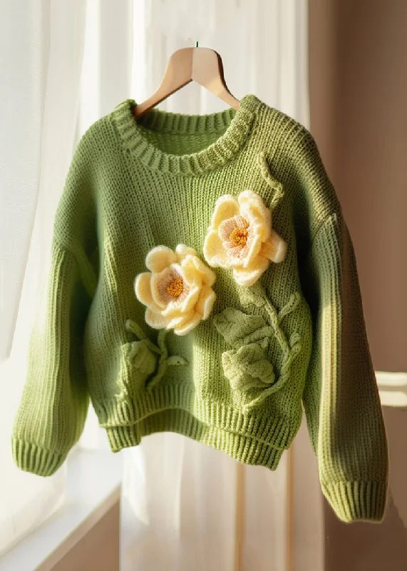 Floral Green O Neck Hollow Out Knit Sweater Fall