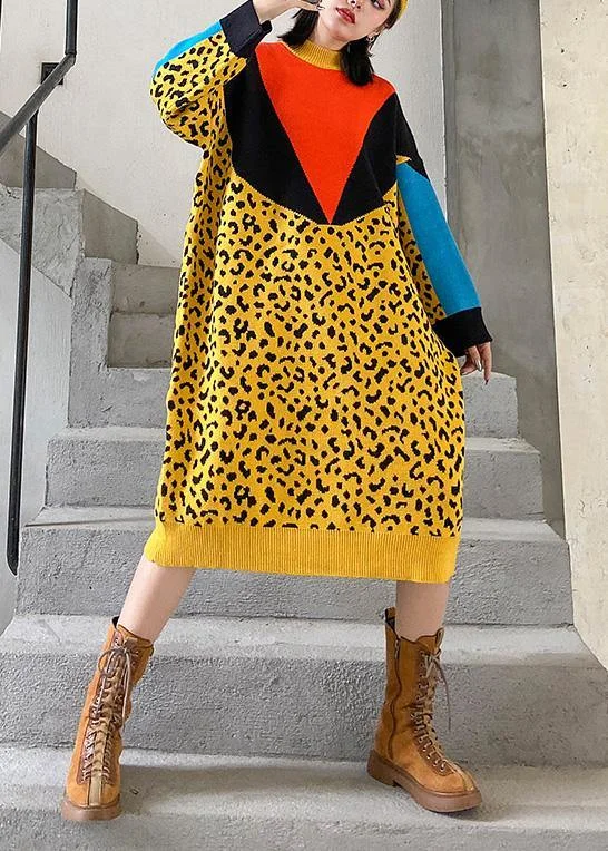 Plus Size Women's Tunic - Style Sweater Dresses with PocketsFor Work yellow Sweater dresses Design patchwork Hipster spring knit dress