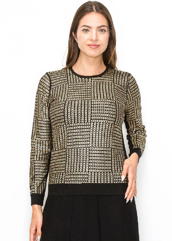 V - Neck Women's Ribbed Wool Sweaters for FallGolden Geo Knit Pullover