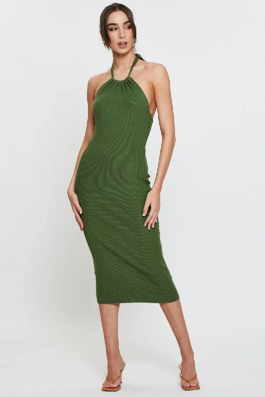 Midi - Length Women's Shetland Wool Sweater Dresses in Traditional PatternsGreen Knit Dress Midi Halter Neck Midi - Length Women's Shetland Wool Sweater Dresses in Traditional PatternsGreen Knit Dress Midi Halter Neck