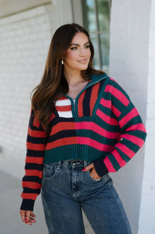 Cropped Women's Angora Blend Sweaters for a Trendy LookHalf Zip Collared Sweater-Multi