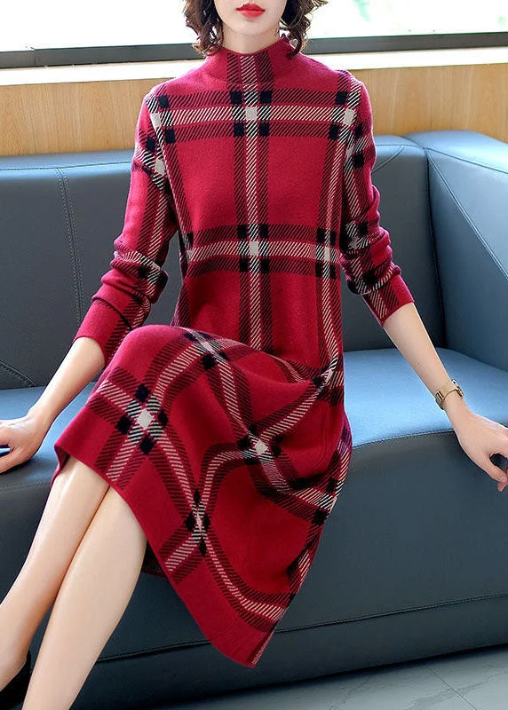A - Line Women's Merino Wool Sweater Dresses in Classic StylesItalian Red High Neck Plaid Cashmere Knit Sweater Dress Long Sleeve A - Line Women's Merino Wool Sweater Dresses in Classic StylesItalian Red High Neck Plaid Cashmere Knit Sweater Dress Long Sleeve