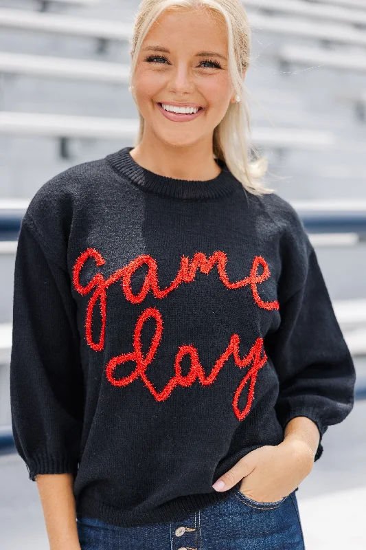 Women's Long Sleeve Turtleneck Cashmere SweatersIt's Game Day Black/Red Puff Sleeve Sweater Women's Long Sleeve Turtleneck Cashmere SweatersIt's Game Day Black/Red Puff Sleeve Sweater