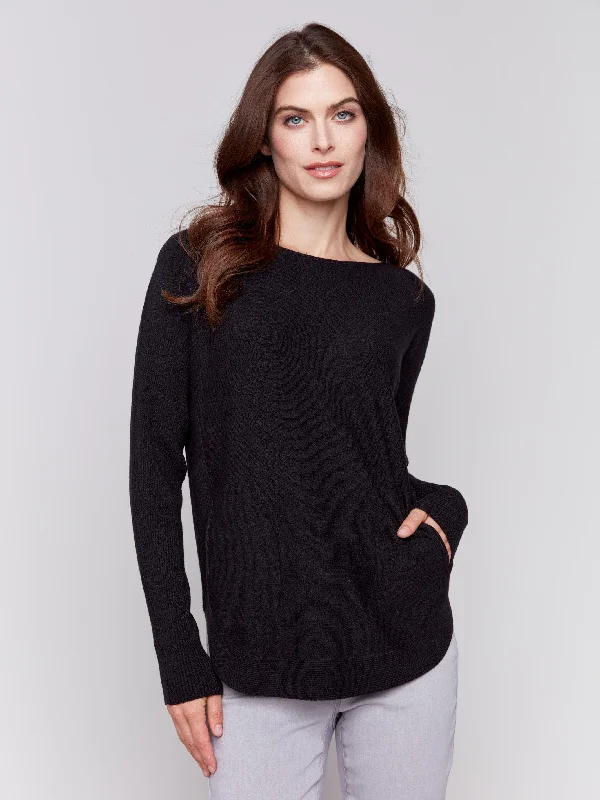 V - Neck Women's Ribbed Wool Sweaters for FallKnit Sweater with Back Detail Lace-Up - Black