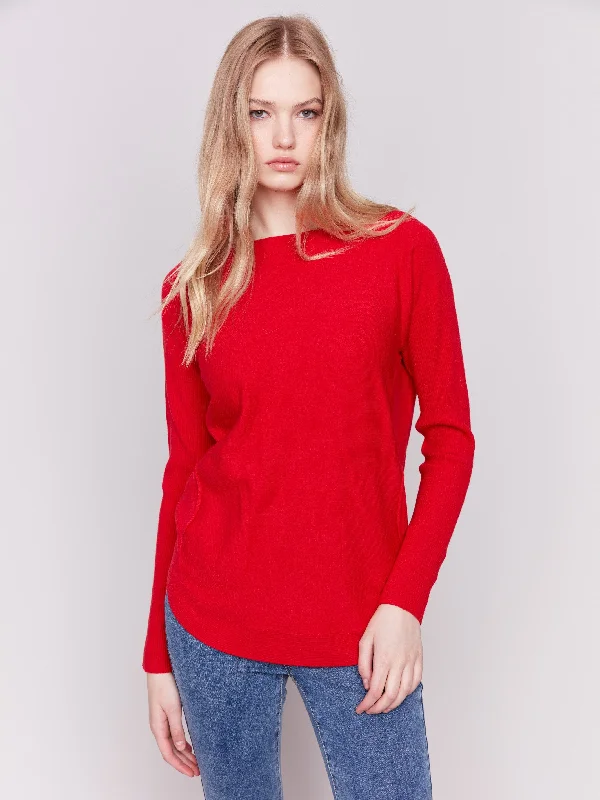V - Neck Women's Ribbed Wool Sweaters for FallKnit Sweater with Lace-Up Cuffs - Cranberry