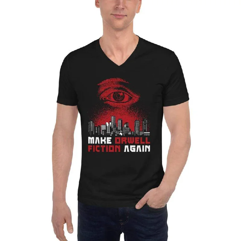Ringer T Shirt Women with Retro - Inspired StripesMake Orwell Fiction Again - Dystopian Version - Unisex V-Neck T-Shirt