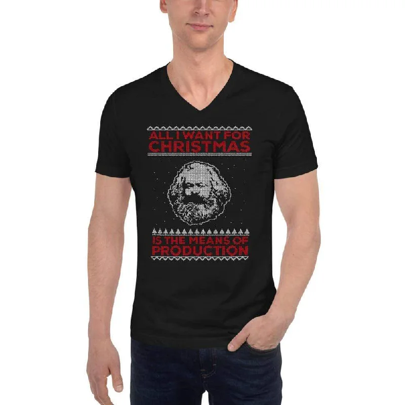 Pocketed Women T Shirt for Added FunctionalityMarx - All I Want For Christmas Is The Means Of Production - Unisex V-Neck T-Shirt